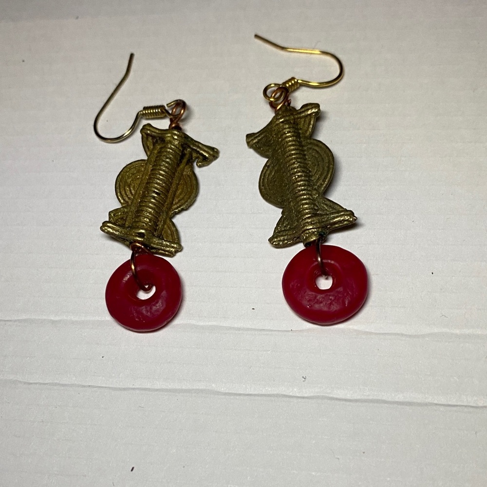 Gold and Red Dangle Earrings
